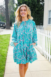 Boho Romance Mint Floral Print Front Ribbon Bow Tiered Dress | Daverri Fashions