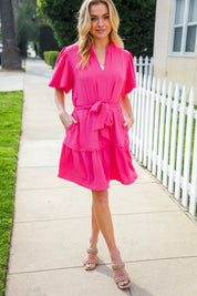 Star Struck Fuchsia Notched Neck Balloon Sleeve Sash Belt Mini Dress | Daverri Fashions