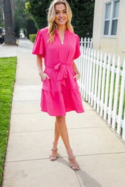 Star Struck Fuchsia Notched Neck Balloon Sleeve Sash Belt Mini Dress | Daverri Fashions
