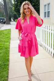 Star Struck Fuchsia Notched Neck Balloon Sleeve Sash Belt Mini Dress | Daverri Fashions