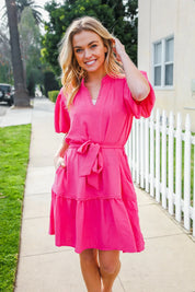 Star Struck Fuchsia Notched Neck Balloon Sleeve Sash Belt Mini Dress | Daverri Fashions