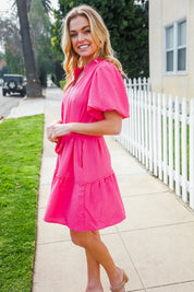Star Struck Fuchsia Notched Neck Balloon Sleeve Sash Belt Mini Dress | Daverri Fashions