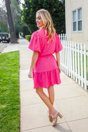 Star Struck Fuchsia Notched Neck Balloon Sleeve Sash Belt Mini Dress | Daverri Fashions