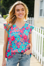 Flower Power Blue V Neck Flutter Sleeve Woven Blouse | Daverri Fashions