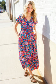 Find Love Blue Floral Raglan Puff Sleeves V Neck Smocked Waist Maxi | Daverri Fashions