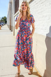Find Love Blue Floral Raglan Puff Sleeves V Neck Smocked Waist Maxi | Daverri Fashions