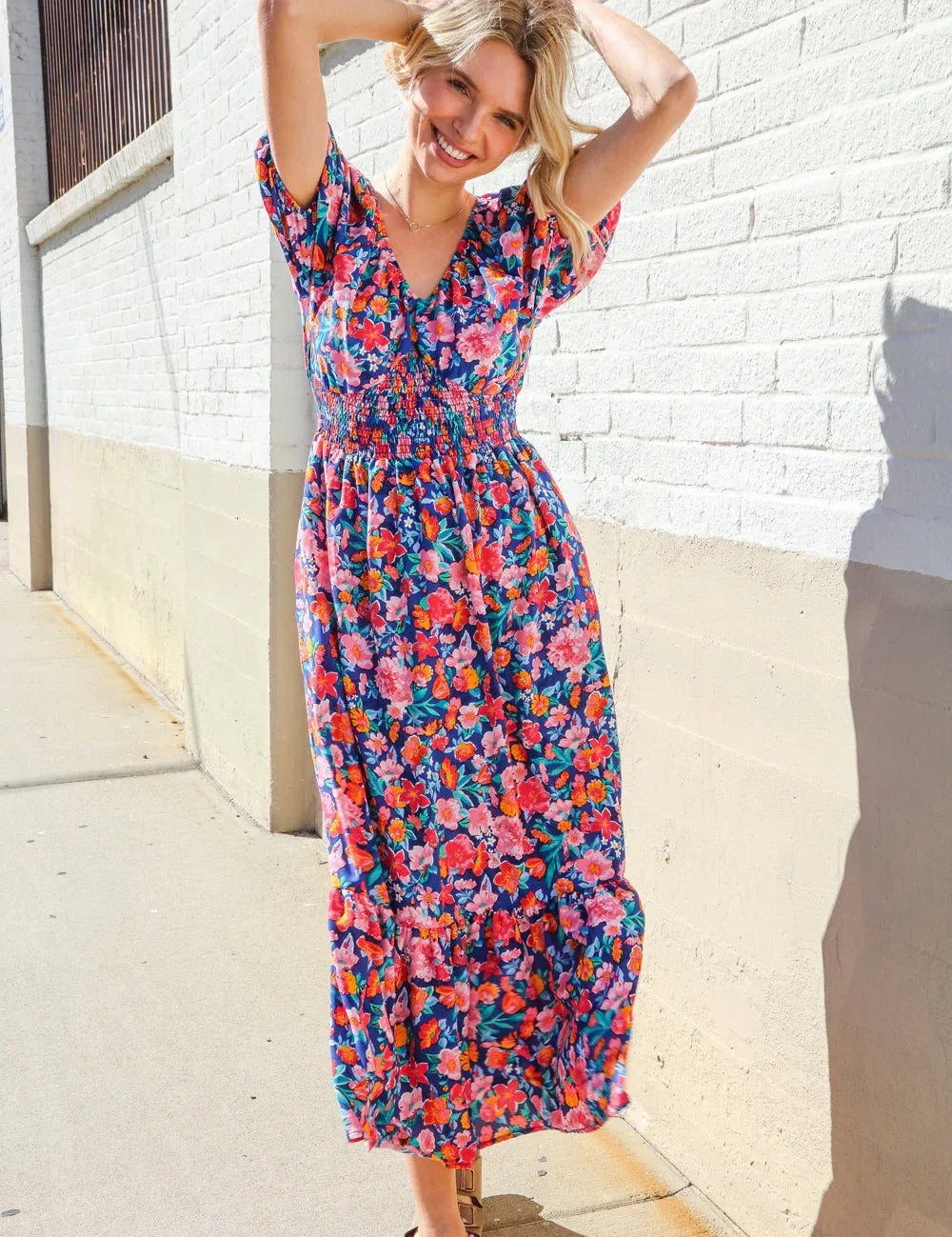 Find Love Blue Floral Raglan Puff Sleeves V Neck Smocked Waist Maxi | Daverri Fashions