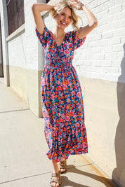 Find Love Blue Floral Raglan Puff Sleeves V Neck Smocked Waist Maxi | Daverri Fashions