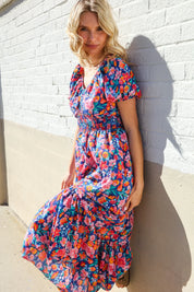 Find Love Blue Floral Raglan Puff Sleeves V Neck Smocked Waist Maxi | Daverri Fashions