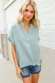 Casual Chic Sage Linen Notch Neck Dolman Short Sleeve Top | Daverri Fashions