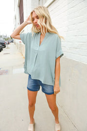 Casual Chic Sage Linen Notch Neck Dolman Short Sleeve Top | Daverri Fashions
