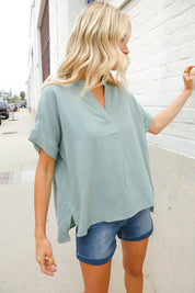 Casual Chic Sage Linen Notch Neck Dolman Short Sleeve Top | Daverri Fashions