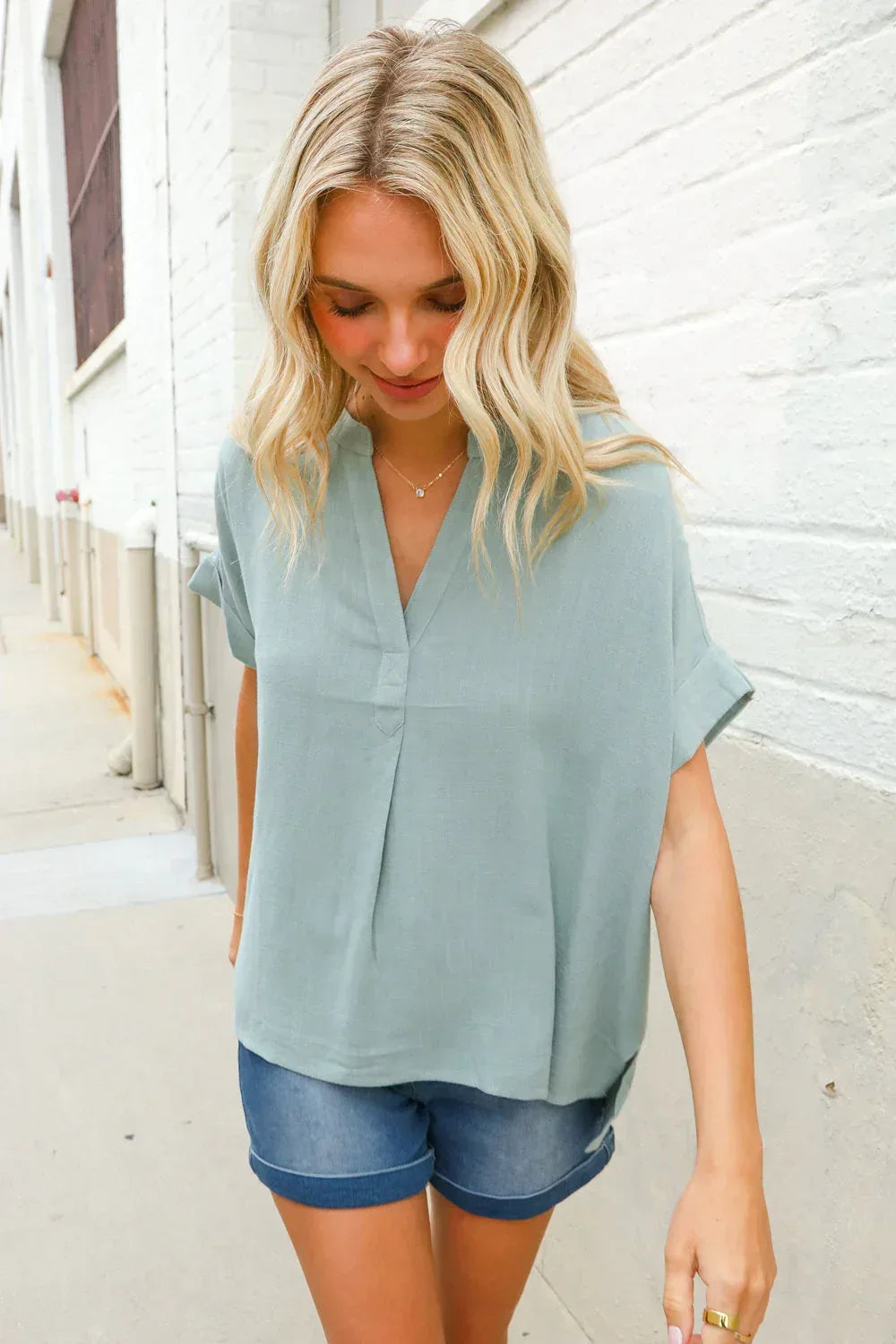 Casual Chic Sage Linen Notch Neck Dolman Short Sleeve Top - DAVERRI FASHIONS