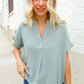 Casual Chic Sage Linen Notch Neck Dolman Short Sleeve Top - DAVERRI FASHIONS