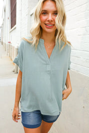 Casual Chic Sage Linen Notch Neck Dolman Short Sleeve Top | Daverri Fashions