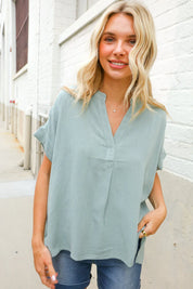 Casual Chic Sage Linen Notch Neck Dolman Short Sleeve Top | Daverri Fashions