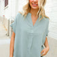 Casual Chic Sage Linen Notch Neck Dolman Short Sleeve Top - DAVERRI FASHIONS