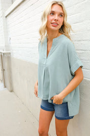 Casual Chic Sage Linen Notch Neck Dolman Short Sleeve Top | Daverri Fashions