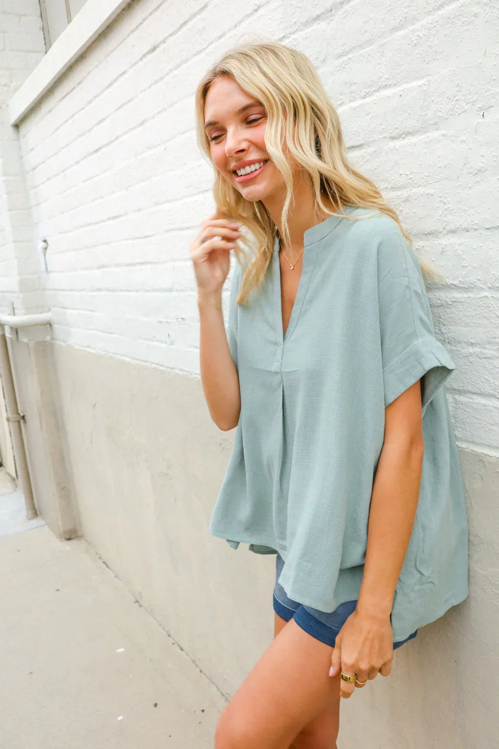 Casual Chic Sage Linen Notch Neck Dolman Short Sleeve Top | Daverri Fashions