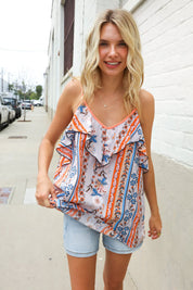 Sunny Days Coral Ruffle V Neck Floral Print Sleeveless Top | 07-01-25 Summer Sale Daverri Fashions