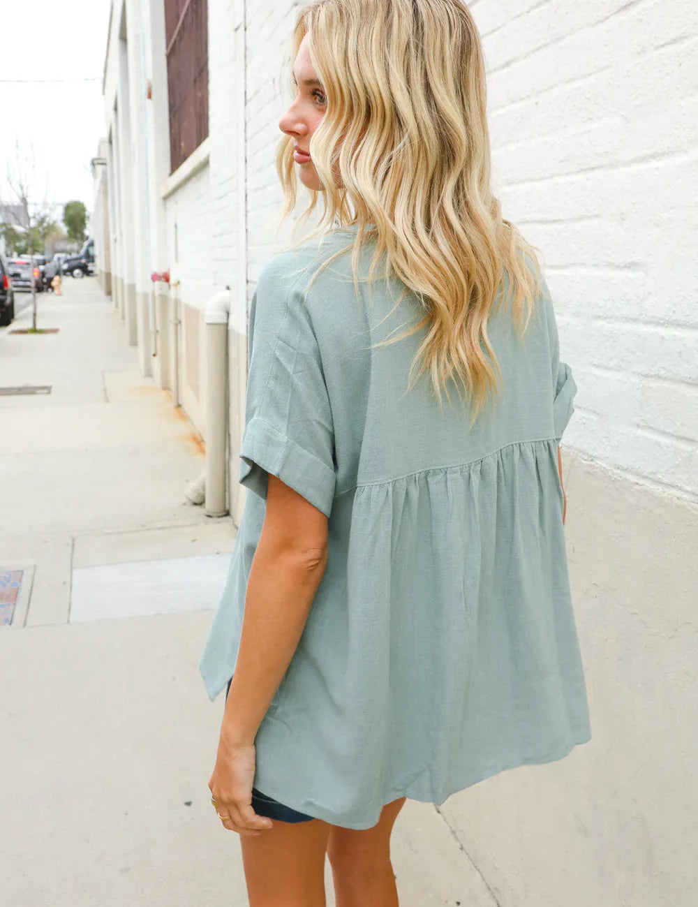 Casual Chic Sage Linen Notch Neck Dolman Short Sleeve Top | Daverri Fashions