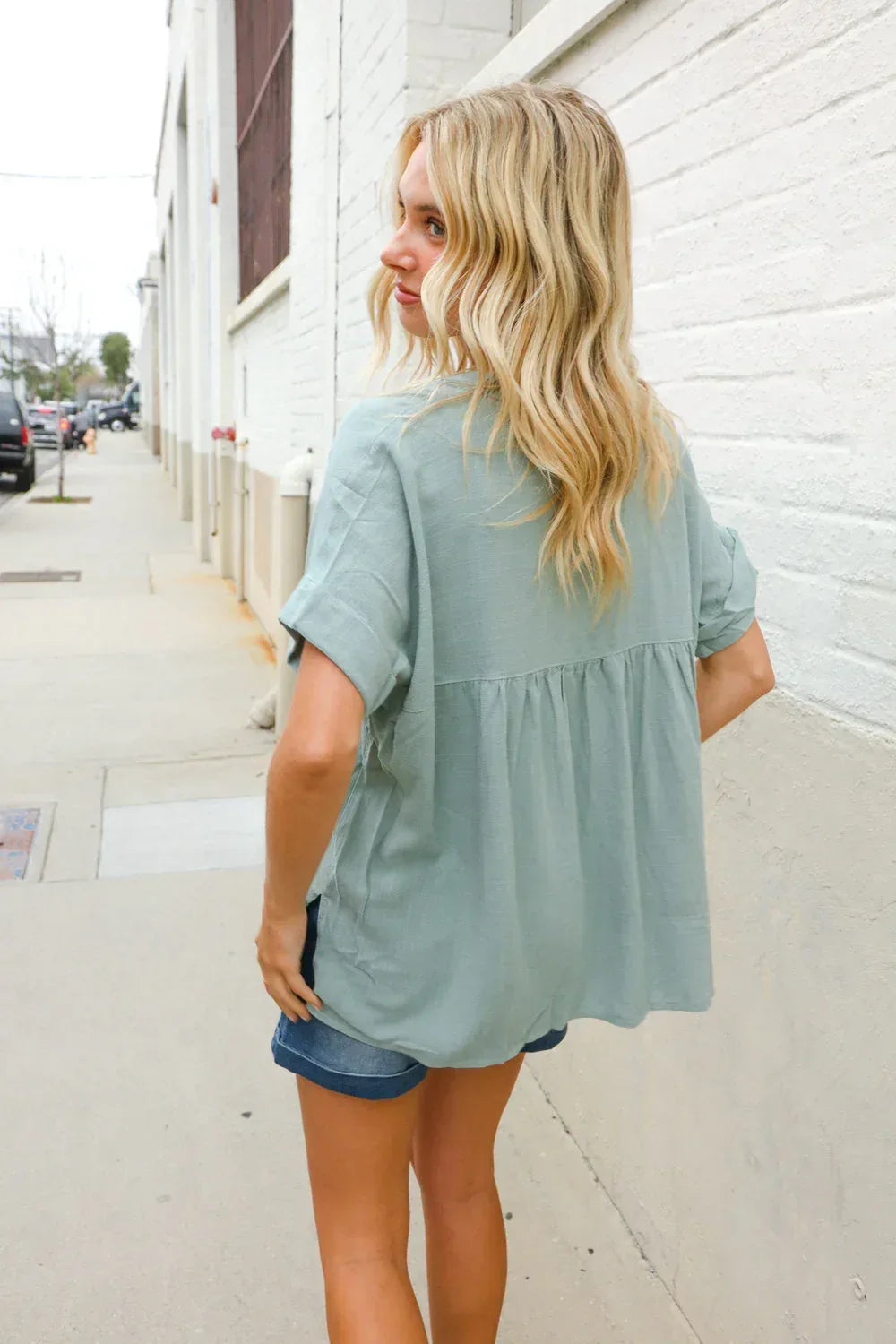 Casual Chic Sage Linen Notch Neck Dolman Short Sleeve Top - DAVERRI FASHIONS