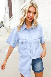 Casual Chic Blue Cotton Denim Snap Button Flap Pocket Top | Daverri Fashions