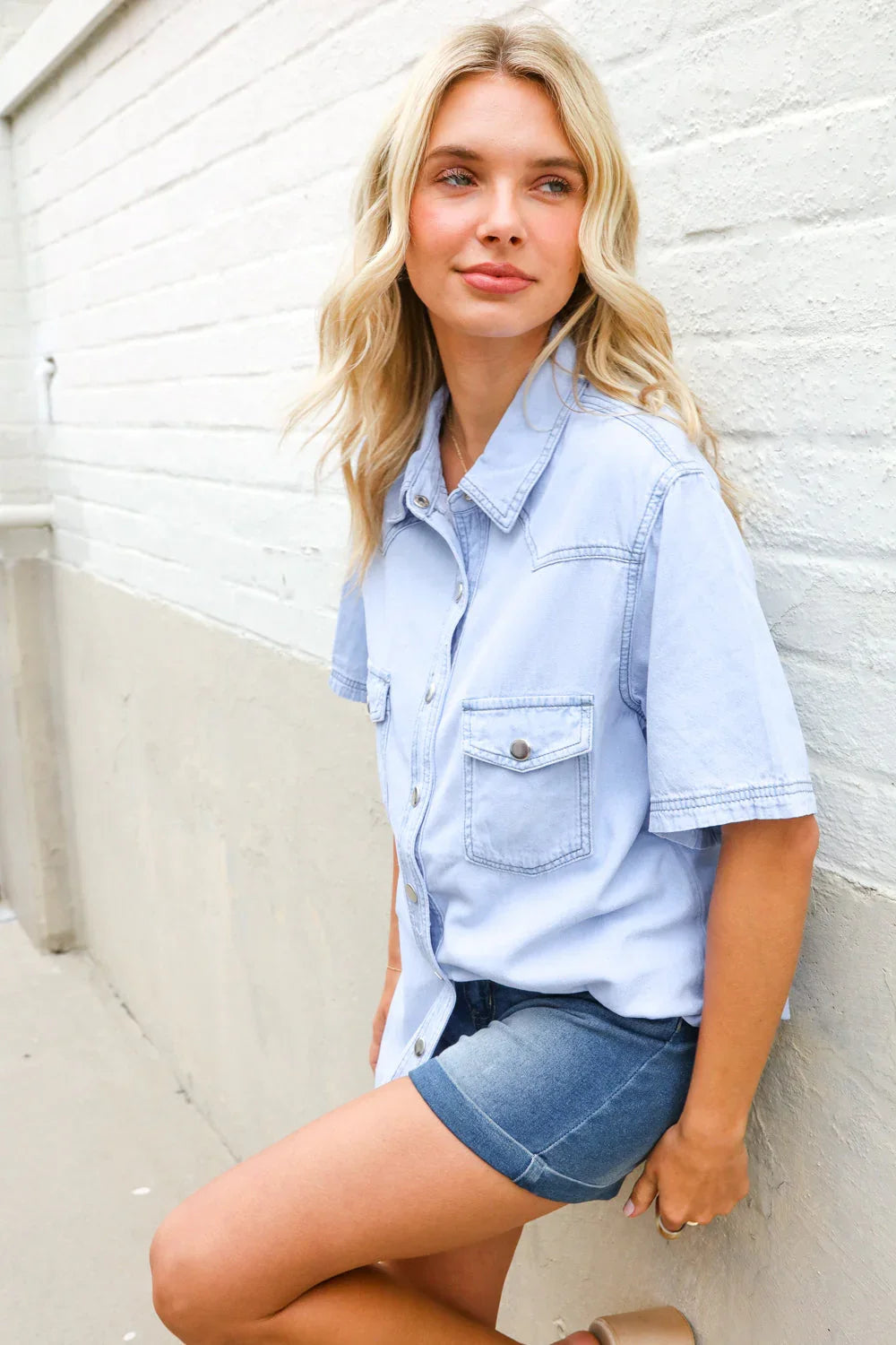 Casual Chic Blue Cotton Denim Snap Button Flap Pocket Top | Daverri Fashions