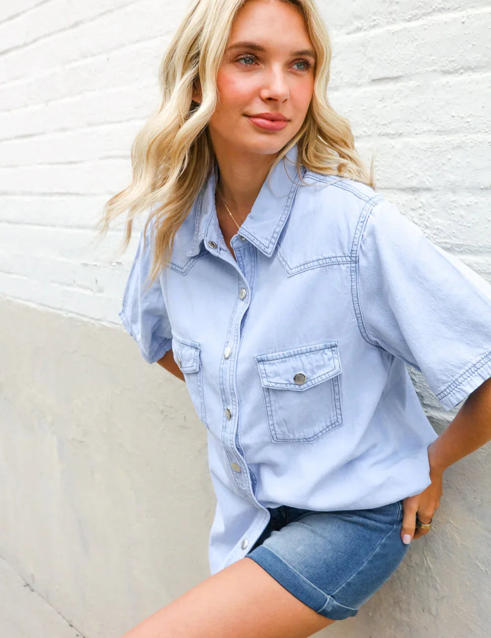 Casual Chic Blue Cotton Denim Snap Button Flap Pocket Top | Daverri Fashions
