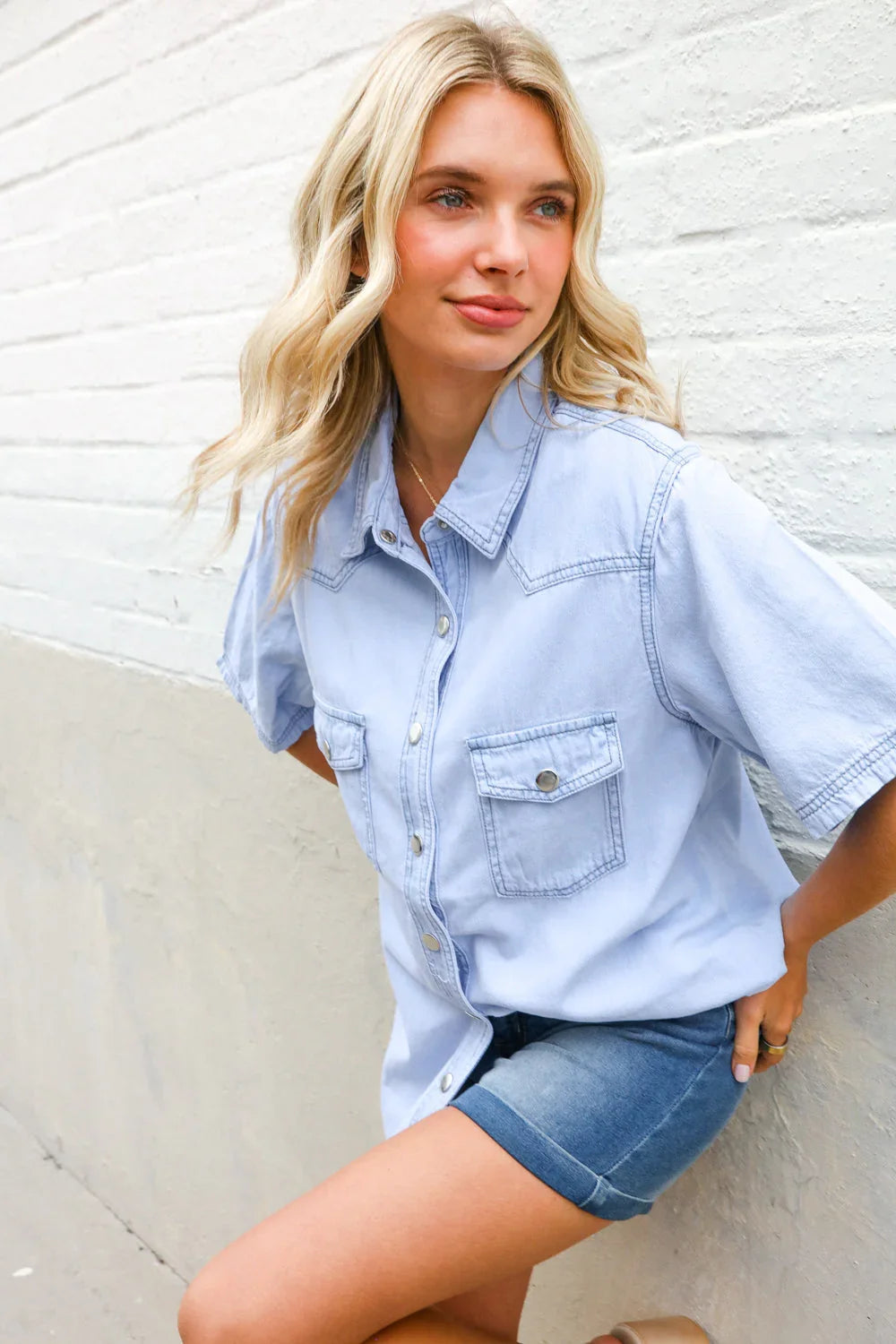 Casual Chic Blue Cotton Denim Snap Button Flap Pocket Top | Daverri Fashions