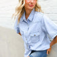 Casual Chic Blue Cotton Denim Snap Button Flap Pocket Top - DAVERRI FASHIONS