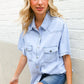 Casual Chic Blue Cotton Denim Snap Button Flap Pocket Top - DAVERRI FASHIONS