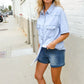 Casual Chic Blue Cotton Denim Snap Button Flap Pocket Top - DAVERRI FASHIONS
