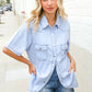 Casual Chic Blue Cotton Denim Snap Button Flap Pocket Top - DAVERRI FASHIONS