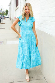 Find Love Blue Boho Print Flutter Sleeve Fit & Flare Dress | Daverri Fashions