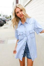 Casual Chic Blue Cotton Denim Snap Button Flap Pocket Top | Daverri Fashions