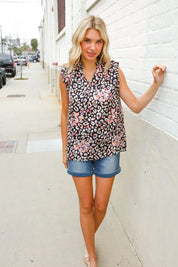 Dazzle In Black Leopard Print Frill Notch Neck Top | Daverri Fashions