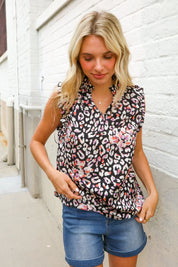 Dazzle In Black Leopard Print Frill Notch Neck Top | Daverri Fashions