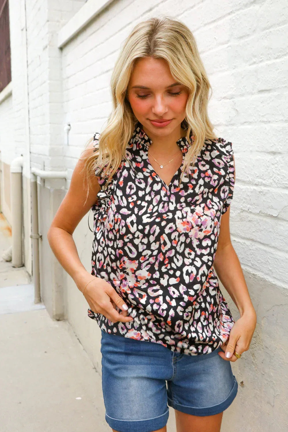 Dazzle In Black Leopard Print Frill Notch Neck Top - DAVERRI FASHIONS