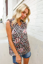 Dazzle In Black Leopard Print Frill Notch Neck Top | Daverri Fashions