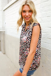 Dazzle In Black Leopard Print Frill Notch Neck Top | Daverri Fashions