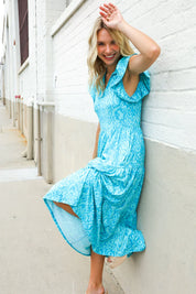Find Love Blue Boho Print Flutter Sleeve Fit & Flare Dress | Daverri Fashions