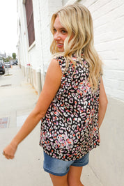 Dazzle In Black Leopard Print Frill Notch Neck Top | Daverri Fashions