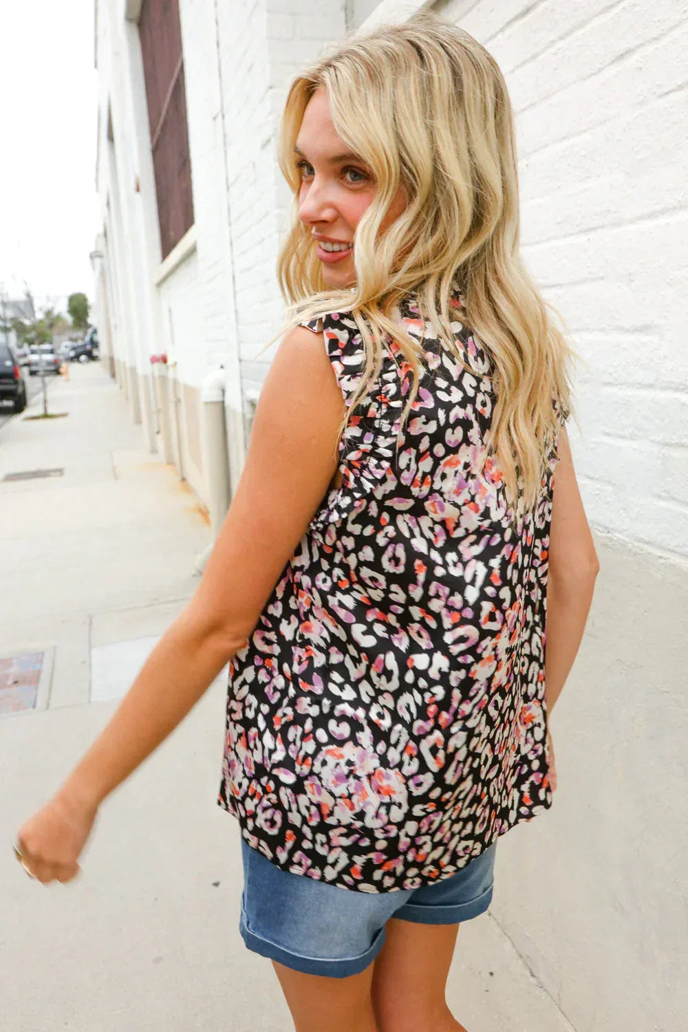 Dazzle In Black Leopard Print Frill Notch Neck Top - DAVERRI FASHIONS