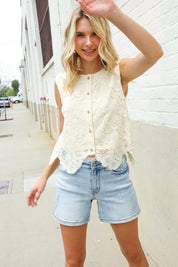 Charming Nude Cotton Button Down Scallop Hem Lace Vest Top | Daverri Fashions