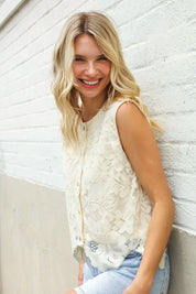 Charming Nude Cotton Button Down Scallop Hem Lace Vest Top | Daverri Fashions