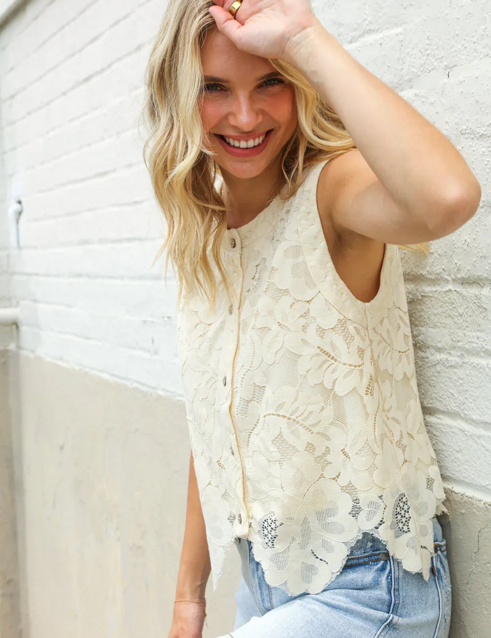 Charming Nude Cotton Button Down Scallop Hem Lace Vest Top | Daverri Fashions
