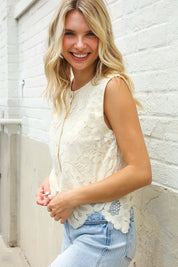 Charming Nude Cotton Button Down Scallop Hem Lace Vest Top | Daverri Fashions