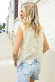 Charming Nude Cotton Button Down Scallop Hem Lace Vest Top | Daverri Fashions