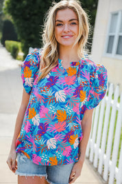 All For You Aqua Tropical Print Frill Notch Neck Puff Sleeve Top | 2024 Blow-Out Sale Daverri Fashions